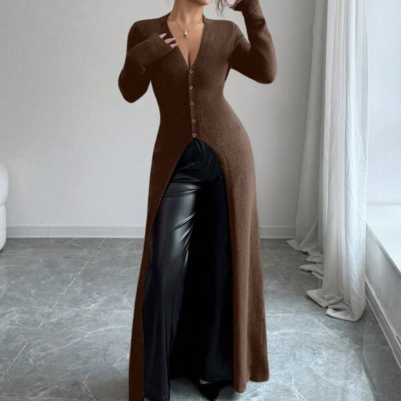 MODA ME COUTURE Sweaters - Coffee Brown Women's Elegant Casual Cardigan